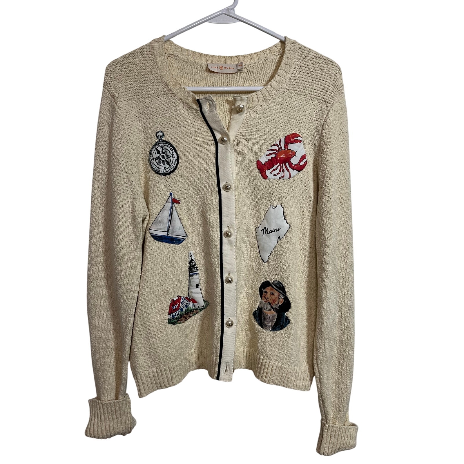 Tory Burch Cream Embroidered Nautical Crew Cardigan
